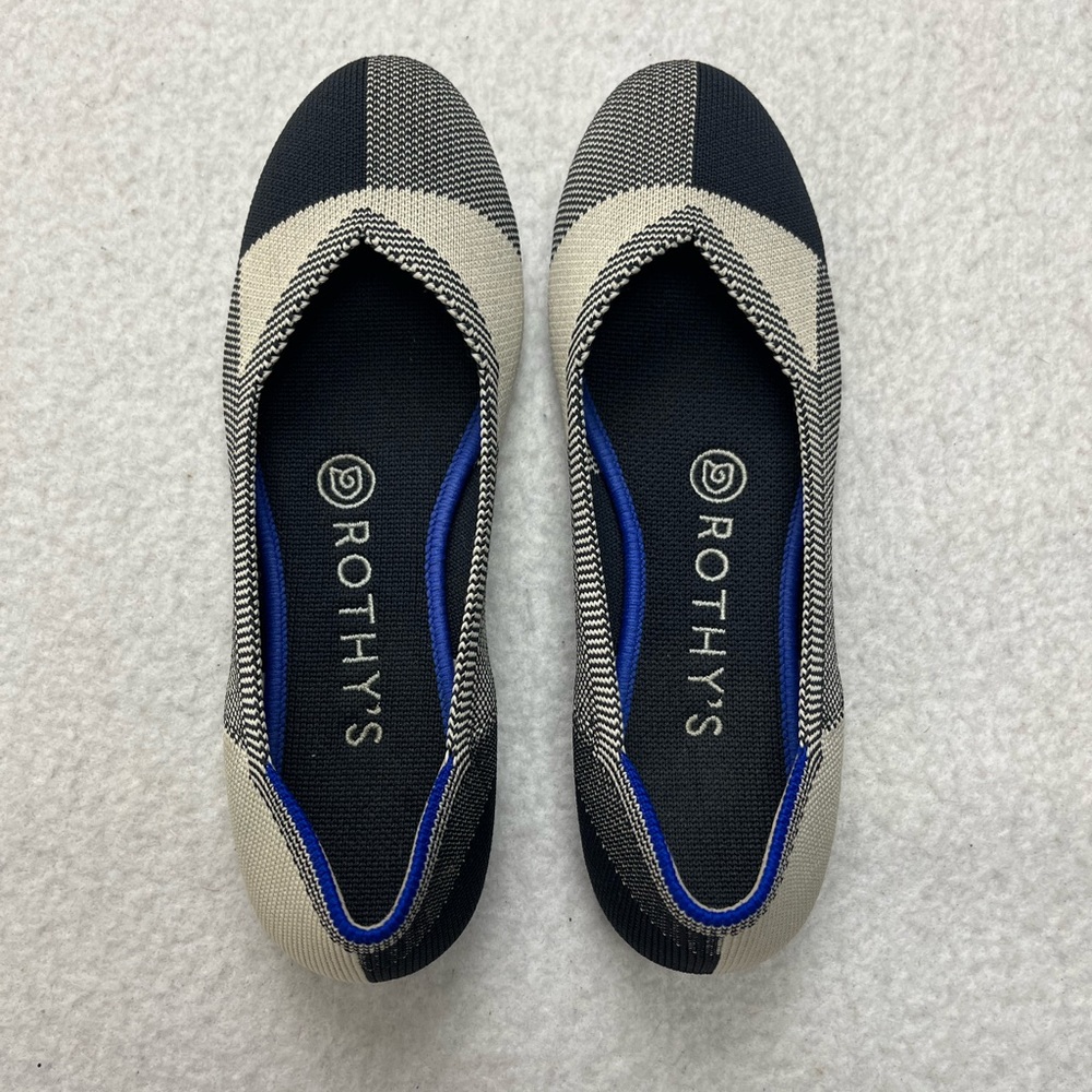 Rothy's Womens Flats Slip On Shoes Navy Blue White Plaid Round Toe Size 6